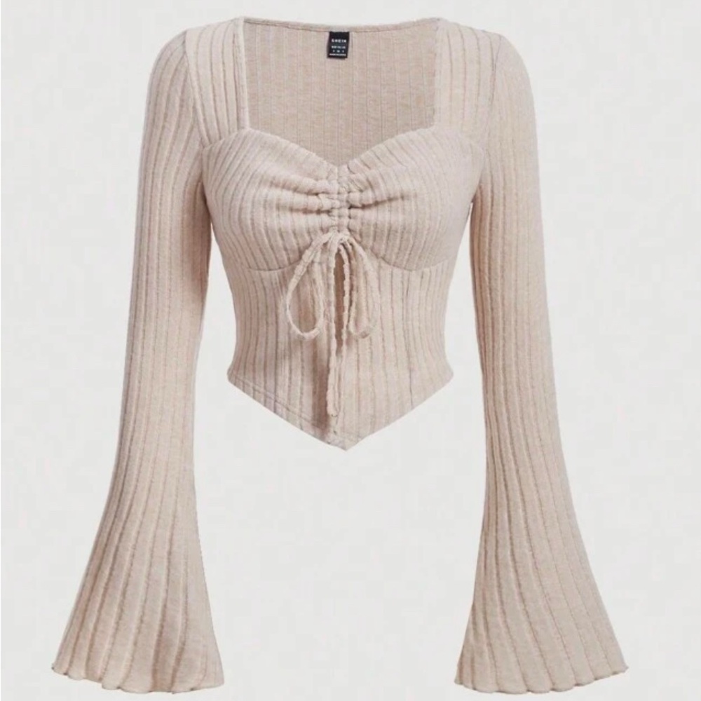 SHEIN Top Women’s Medium Mod Front Flare Sleeve‎ Lettuce Trim Beige Asymmetrical
